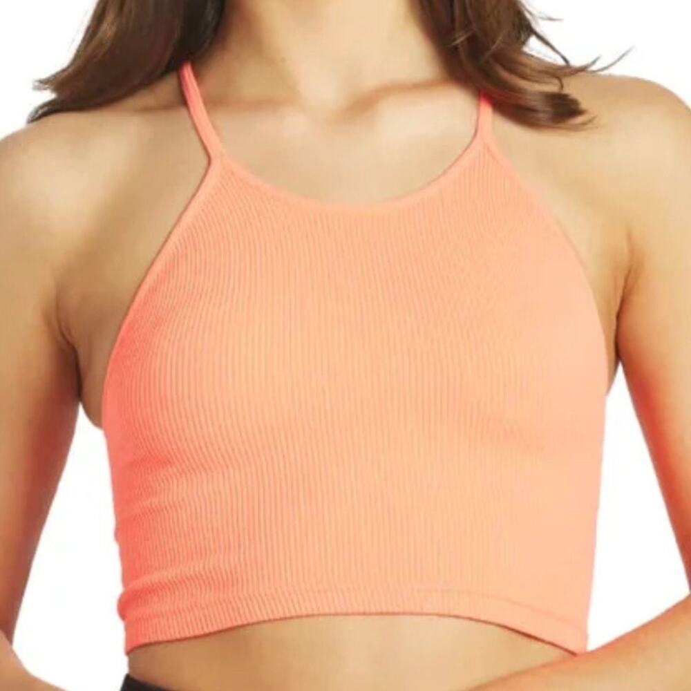 FREE PEOPLE x FP MOVEMENT | Ribbed Crop Halter Top Bright Coral Orange | Medium